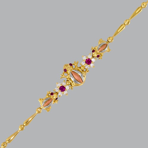 14K TRI- COLOR GOLD LADIES FANCY FROG CZ SET BRACELET: 14K TRI-COLOR GOLD BRACELET New 14K Tri-Color Gold Measures 2mm wide, 13mm at the widest 7" Long Fancy set bracelet, CZ, High polish finish H Clasp Stamp: 14k Avg Weight: 7" = 11g