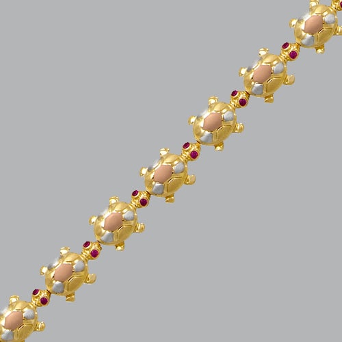 14K TRI- COLOR GOLD LADIES FANCY TURTLE CZ SET BRACELET: 14K TRI-COLOR GOLD BRACELET New 14K Tri-Color Gold Measures 10mm wide 7" Long Fancy Turtle bracelet, CZ, High polish finish H Clasp Stamp: 14k Avg Weight: 7" = 18.2g