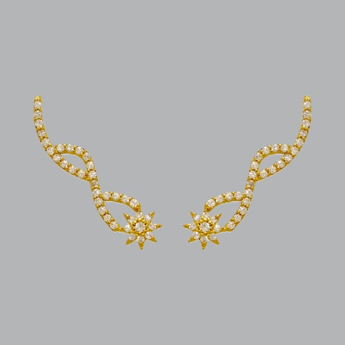 14K YELLOW GOLD LADIES FANCY CRAWLER STAR CZ EARRINGS: 14K YELLOW GOLD EARRINGS New 14K Yellow Gold Earrings Measures: 6mm Wide x 27mm Long Crawler Earrings Set with CZ Earrings has a polish finish Stamp: 14k Avg Weight: 1.9g