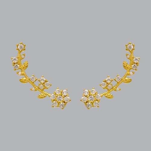 14K YELLOW GOLD LADIES FANCY CRAWLER FLOWER BRANCH CZ: NEW 14K YELLOW GOLD EARRINGS New 14K Yellow Gold Earrings Measures: 8mm Wide x 28mm Long Flower Crawler Earrings Set with CZ Earrings has a polished finish Stamp: 14k Avg Weight: 2.8g