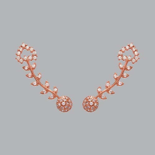 14K ROSE GOLD LADIES FANCY CRAWLER HEART LEAF CZ: NEW 14K ROSE GOLD EARRINGS New 14K Rose Gold Earrings Measures: 7mm Wide x 28mm Long Heart leaf Crawler Earrings Set with CZ Earrings has a polished finish Stamp: 14k Avg Weight: 2.4g