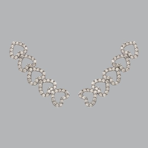 NEW 14K WHITE GOLD LADIES FANCY CRAWLER HEARTS CZ: NEW 14K WHITE GOLD EARRINGS New 14K White Gold Earrings Measures: 7mm Wide x 27mm Long Hearts Crawler Earrings Set with CZ Earrings has a polished finish Stamp: 14k Avg Weight: 2.3g