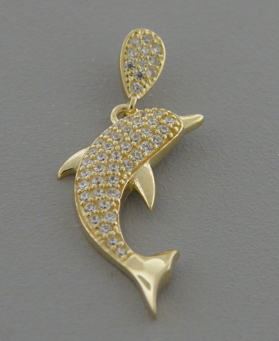 NEW 14K YELLOW GOLD LADIES FANCY DOLPHIN CZ PENDANT (1 of 2)