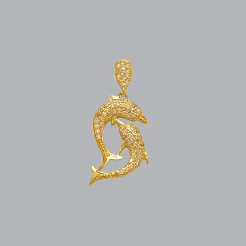 NEW 14K YELLOW GOLD LADIES FANCY TWO DOLPHINS CZ: NEW 14K YELLOW GOLD PENDANT New 14K Yellow Gold Pendant Measures: 14 Wide x 31 mm Long Dolphin pendant Set with CZ Pendant has a polished finish Stamp: 14k Avg Weight: 2.2g No chain Included