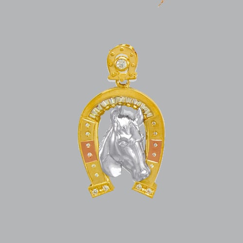 14K TRI COLOR GOLD FANCY HORSE HORSESHOE CZ PENDANT: NEW 14K TRI-COLOR GOLD PENDANT New 14K Tri-Color Gold Pendant Measures: 48mm Horseshoe pendant Set with CZ Pendant has a polished finish Stamp: 14k Avg Weight: 17.5g