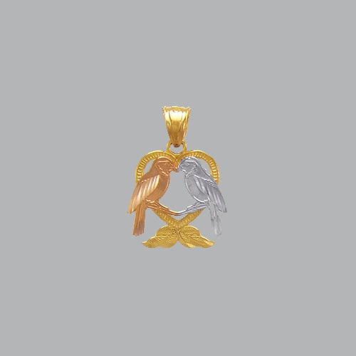 14K TRI COLOR GOLD FANCY KISSING DOVES HEART PENDANT: NEW 14K TRI-COLOR GOLD PENDANTNew 14K Tri-color Gold PendantMeasures: 15mm H x15mm WDoves in a heart pendantPendant has a polished finish Stamp: 14kAvg Weight: 1.4g