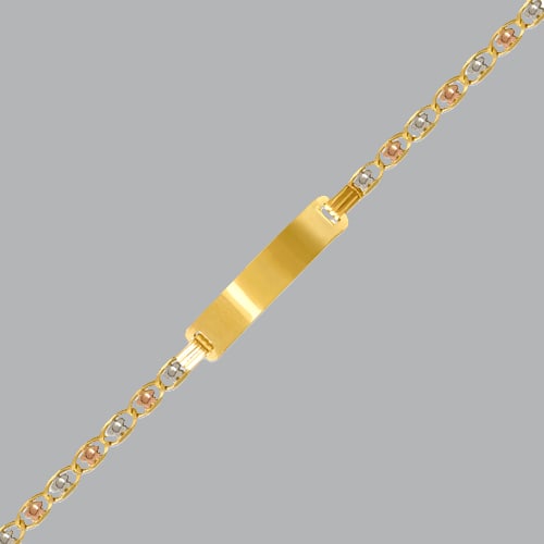 14K TRI COLOR BABIES BABY SQUARE ID BRACELET FLOWERS: 14K TRI-COLOR GOLD ID BRACELET New 14K Tri-color Gold ID Bracelet Approx. 3mm Wide 5", 5.5" or 6" Long Polished finish Lobster Clasp Stamp: 14k Avg Weight: 6" = 3.5g