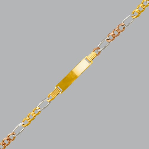 NEW 14K TRI COLOR BABIES BABY FIGARO ID BRACELET: 14K TRI COLOR GOLD BABY ID BRACELET New 14K Tri color Gold ID Bracelet Approx. 3mm, 4mm and 5mm Wide 6.5" Long Figaro Baby ID Bracelet Polished finish Lobster Clasp Stamp: 14k Avg Weight: 5mm - 6" =