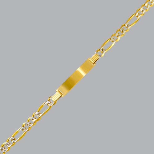 14K YELLOW GOLD WHITE PAVE BABIES BABY FIGARO ID BRACEL: 14K YELLOW GOLD BABY ID BRACELET New 14K Yellow Gold with white pave ID Bracelet Approx. 5mm Wide 6.5" Long Figaro Baby ID Bracelet Polished finish Lobster Clasp Stamp: 14k 5mm - 6" = 5.8g