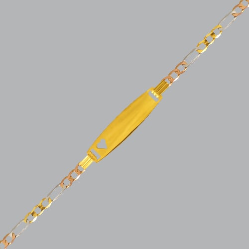 14K TRI COLOR BABIES BABY FIGARO HEART ID BRACELET: 14K TRI COLOR GOLD BABY ID BRACELET New 14K Tri color Gold ID Bracelet Approx. 4mm wide 6" Long Figaro Baby heart ID Bracelet Polished finish Lobster Clasp Stamp: 14k Avg Weight: 4mm - 6" = 4.3g