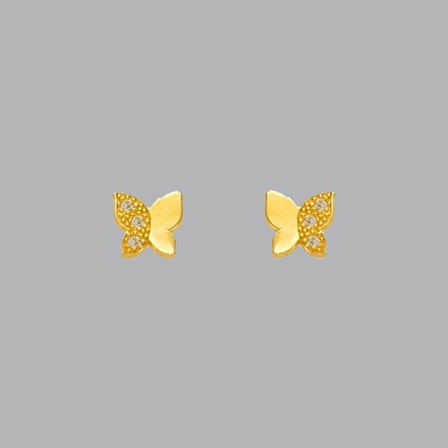 14K YELLOW GOLD CHILDRENS FANCY BUTTERFLY PAVE STUD CZ: NEW 14K YELLOW GOLD EARRINGS New 14K Yellow Gold Earrings Measures: 5mm Wide x 5mm Long Butterfly Stud Earrings Set with CZ Earrings have a polished finish Screw Backing Stamp: 14k Avg Weight: Under