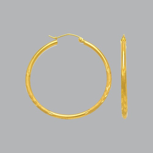14K YELLOW GOLD ROUND HOOP TUBE EARRINGS 2mm: 14K YELLOW GOLD HOOP EARRINGS 14K Yellow Gold Tube hoop earrings Width Size: 2mm Diameter: 17mm Diamond cut, satin and High Polish Design Snap/ clasp closure Stamp: 14k Avg Weight: 17mm - 0.9g