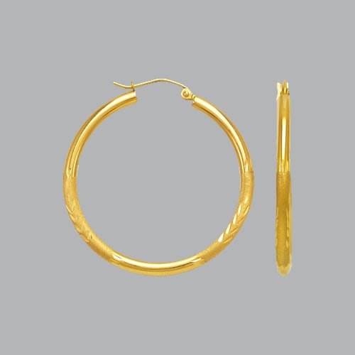 14K YELLOW GOLD ROUND HOOP TUBE EARRINGS 2.5mm: 14K YELLOW GOLD HOOP EARRINGS 14K Yellow Gold Tube hoop earrings Width Size: 2.5mm Diameter: 35mm, Diamond cut, satin and High Polish Design Snap/ clasp closure Stamp: 14k Avg Weight: 35mm - 2.4g