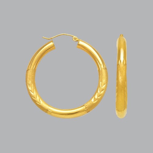 14K YELLOW GOLD ROUND HOOP TUBE EARRINGS 4mm: 14K YELLOW GOLD HOOP EARRINGS 14K Yellow Gold Tube hoop earrings Width Size: 4mm Diameter: 35mm, Diamond cut, satin and High Polish Design Snap/ clasp closure Stamp: 14k Avg Weight: 35mm - 3g