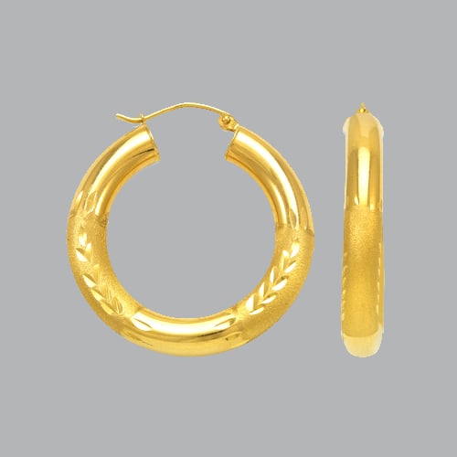 14K YELLOW GOLD ROUND HOOP TUBE EARRINGS 5mm: 14K YELLOW GOLD HOOP EARRINGS 14K Yellow Gold Tube hoop earrings Width Size: 5mm Diameter: 45mm, Diamond cut, satin and High Polish Design Snap/ clasp closure Stamp: 14k Avg Weight: 45mm - 7.5g