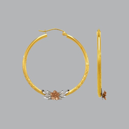 Have one to sell? Sell now - Have one to sell? Details: 14K TRI COLOR GOLD HOOP EARRINGS 14K Tri color Gold hoop earrings Width Size: 2mm Diameter: 25mm, Diamond cut, satin and High Polish Finish with flower Snap/ clasp closure Stamp: 14k Avg Weight: 25mm