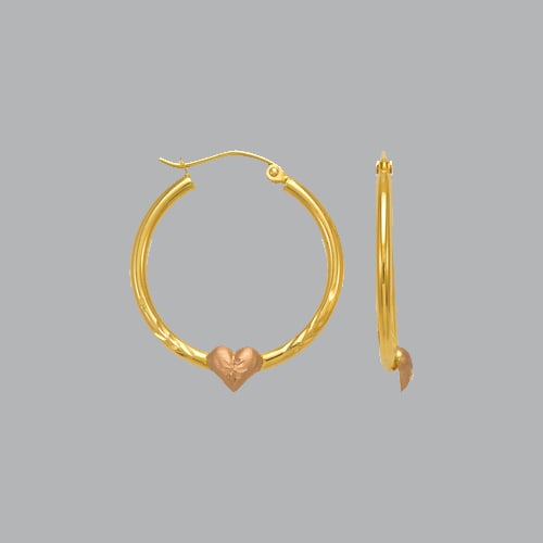 14K TWO TONE GOLD HOOP TUBE EARRINGS 2mm: 14K TWO TONE GOLD HOOP EARRINGS 14K Two tone Gold hoop earrings Width Size: 2mm Diameter: 25mm High Polish Finish tube earrings with heart Snap/ clasp closure Stamp: 14k Avg Weight: 25mm - 1.2g