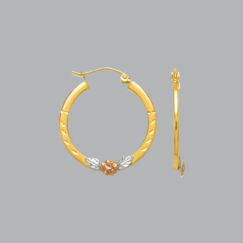 NEW 14K TRI COLOR GOLD HOOP FLAT SQUARE TUBE EARRINGS: 14K TRI COLOR GOLD HOOP EARRINGS 14K Tri color Gold hoop earrings Size: 2mm Diameter: 25mm, Square flate tube High Polish Finish with flower Snap/ clasp closure Stamp: 14k Avg Weight: 25mm - 2g