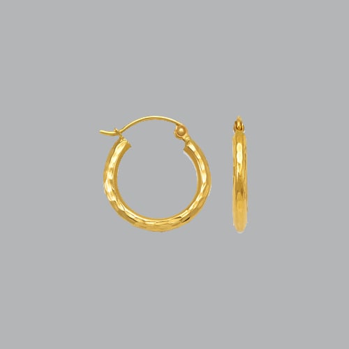NEW 14K YELLOW GOLD ROUND HOOP TUBE EARRINGS 2mm: 14K YELLOW GOLD HOOP EARRINGS 14K Yellow Gold Tube hoop earrings Width Size: 2mm Diameter: 15mm Diamond cut, High Polish Design Snap/ clasp closure Stamp: 14k Avg Weight: 15mm - 0.8g