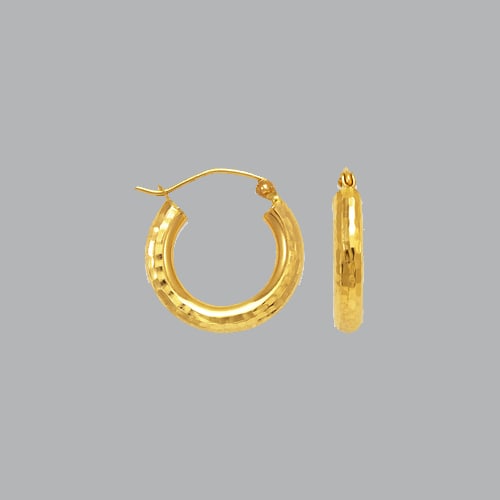 NEW 14K YELLOW GOLD ROUND HOOP TUBE EARRINGS 3mm: 14K YELLOW GOLD HOOP EARRINGS 14K Yellow Gold Tube hoop earrings Width Size: 3mm Diameter: 16mm Diamond cut, High Polish Design Snap/ clasp closure Stamp: 14k Avg Weight: 16mm - 1g