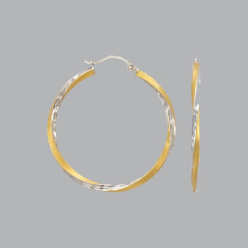 14K TWO TONE GOLD SQUARE TWIST HOOP TUBE EARRINGS 2.5mm: 14K TWO TONE GOLD HOOP EARRINGS 14K Two tone Gold Square twist hoop earrings Width Size: 2.5mm Diameter: 35mm, Diamond cut, Satin and High Polish Finish Snap/ clasp closure Stamp: 14k Avg Weight: 35