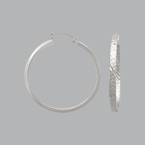 14K WHITE GOLD SQUARE HOOP TUBE EARRINGS 3mm: 14K WHITE GOLD HOOP EARRINGS 14K White Gold Tube hoop earrings Width Size: 3mm Diameter: 35mm, Diamond cut, High Polish Design Snap/ clasp closure Stamp: 14k Avg Weight: 35mm - 3g