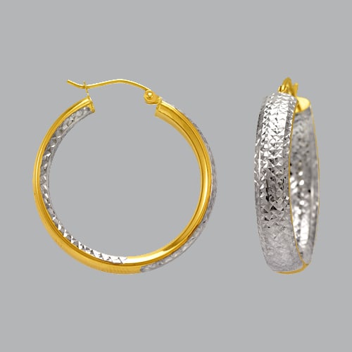14K TWO TONE GOLD OVAL HOOP TUBE EARRINGS 6mm: 14K TWO TONE GOLD HOOP EARRINGS 14K Two tone Gold Tube hoop earrings Width Size: 6mm Diameter: 30mm, Diamond cut, Satin & High Polish Finish Snap/ clasp closure Stamp: 14k Avg Weight: 30mm - 3.3g