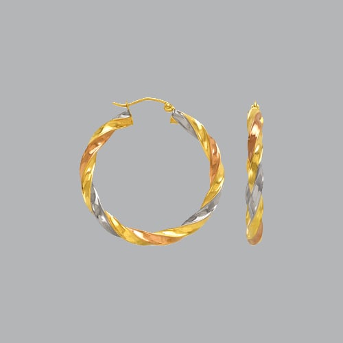 14K TRI COLOR GOLD SQUARE TWIST HOOP TUBE EARRINGS 4mm: 14K TRI COLOR GOLD HOOP EARRINGS 14K Tri color Gold Tube hoop earrings Width Size: 4mm Diameter: 45mm Square Twist Diamond cut, Polish Finish Earrings Snap/ clasp closure Stamp: 14k Avg Weight: 45mm