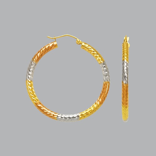 14K TRI COLOR GOLD ROUND HOOP TUBE EARRINGS 2.5mm: 14K TRI COLOR GOLD HOOP EARRINGS 14K Tri color Gold Tube hoop earrings Width Size: 2.5mm Diameter: 30mm Diamond cut, High Polish Finish Endless clasp closure Stamp: 14k Avg Weight: 30mm - 2.2g