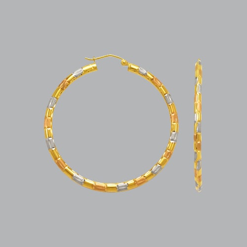 NEW 14K TRI COLOR GOLD ROUND HOOP TUBE EARRINGS 3mm: 14K TRI COLOR GOLD HOOP EARRINGS 14K Tri color Gold Tube hoop earrings Width Size: 3mm Diameter: 35mm Diamond cut, Polish Finish Snap/ clasp closure Stamp: 14k Avg Weight: 35mm -4.2g