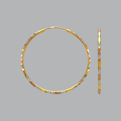 14K TRI COLOR GOLD ROUND HOOP TUBE EARRINGS 1.8mm: 14K TRI COLOR GOLD HOOP EARRINGS 14K Tri color Gold Tube hoop earrings Width Size: 1.8mm Diameter: 35mm, Diamond cut, High Polish Finish Endless clasp closure Stamp: 14k Avg Weight: 35mm - 2g