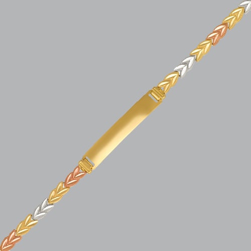 NEW 14K TRI COLOR GOLD BABIES BABY LEAF ID BRACELET: 14K TRI COLOR GOLD BABY ID BRACELET New 14K Tri color Gold ID Bracelet Approx. 4mm Wide and 6mm Wide 6" Long Leaf Baby ID Bracelet Polished finish Lobster Clasp Stamp: 14k Avg Weight: 6" = 5g