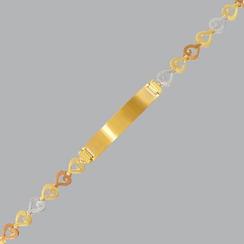 14K TRI COLOR GOLD BABIES BABY HEART ID BRACELET: 14K TRI COLOR GOLD BABY ID BRACELET New 14K Tri color Gold ID Bracelet Approx. 5mm Wide and 6mm Wide in center 6" Long Heart Baby ID Bracelet Polished finish Lobster Clasp Stamp: 14k Avg Weight: 6"