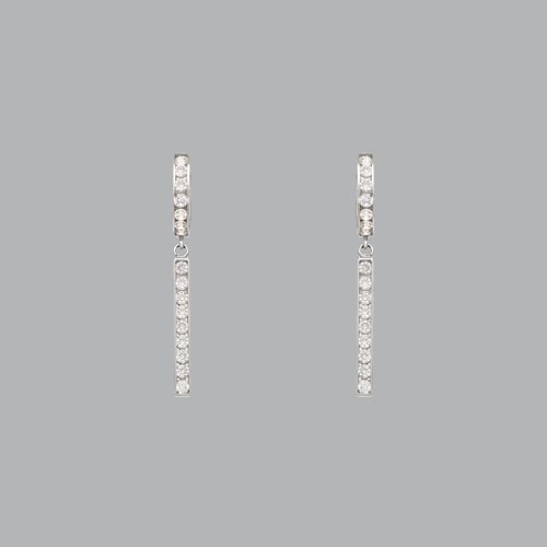 14K WHITE GOLD LADIES DROP DANGLE BAR CZ SET EARRINGS: 14K WHITE GOLD BAR EARRINGS New 14K White Gold Earrings Measures: 35mm long and 12mm wide Set with CZ Earrings have a polish finish Post backings Stamp: 14k Avg Weight: 2g