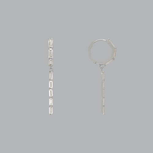 14K WHITE GOLD LADIES DROP DANGLE BAGUETTE CZ SET: 14K WHITE GOLD EARRINGS New 14K White Gold Earrings Measures: 40mm long and 14mm wide Set with CZ Earrings have a polish finish Post backings Stamp: 14k Avg Weight: 3.3g