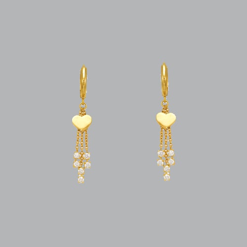 14K YELLOW GOLD LADIES DROP DANGLE HEART CZ SET EARRING: NEW 14K YELLOW GOLD EARRINGS New 14K Yellow Gold Earrings Measures: 38mm long and 12mm wide Set with CZ Earrings have a polish finish Post backings Stamp: 14k Avg Weight: 2g