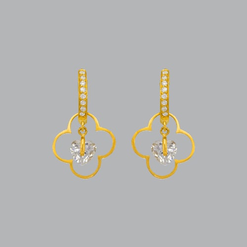 14K YELLOW GOLD LADIES DROP DANGLE HEART CLOVER CZ: NEW 14K YELLOW GOLD EARRINGS New 14K Yellow Gold Earrings Measures: 26mm long and 15mm wide Set with CZ Earrings have a polish finish Post backings Stamp: 14k Avg Weight: 2.3g