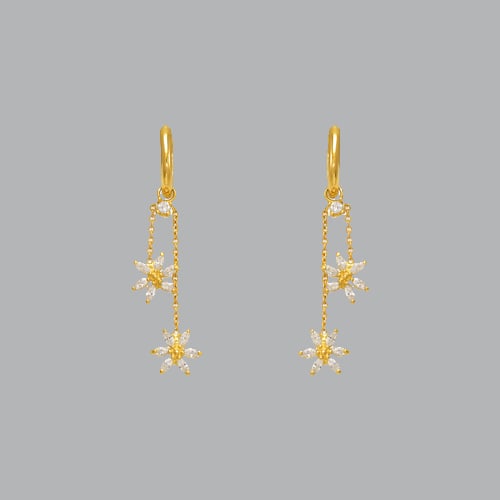14K YELLOW GOLD LADIES DROP DANGLE DOUBLE FLOWER CZ SET: NEW 14K YELLOW GOLD EARRINGS New 14K Yellow Gold Earrings Measures: 40mm long and 12mm wide Set with CZ Earrings have a polish finish Post backings Stamp: 14k Avg Weight: 2.2g