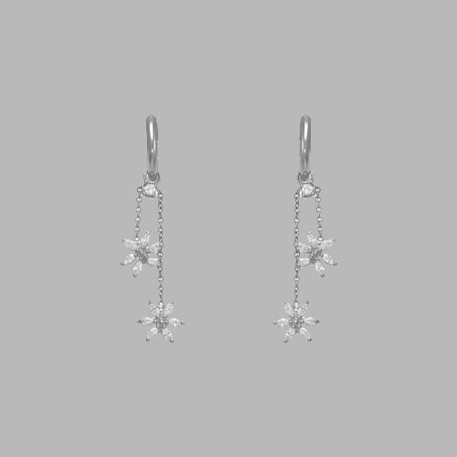 14K WHITE GOLD LADIES DROP DANGLE DOUBLE FLOWER CZ: NEW 14K WHITE GOLD EARRINGS New 14K White Gold Earrings Measures: 40mm long and 12mm wide Set with CZ Earrings have a polish finish Post backings Stamp: 14k Avg Weight: 2.3g