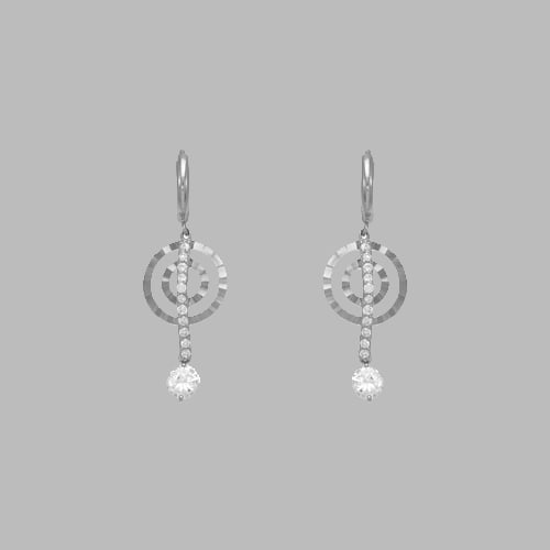 14K WHITE GOLD LADIES DROP DANGLE DOUBLE CIRCLE CZ SET: NEW 14K WHITE GOLD EARRINGS New 14K White Gold Earrings Measures: 36mm long and 13mm wide Set with CZ Earrings have a polish finish Post backings Stamp: 14k Avg Weight: 2.7g