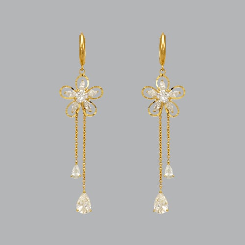 14K YELLOW GOLD LADIES DROP DANGLE FLOWER CZ SET (1 of 1)