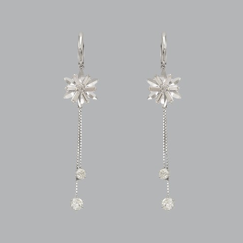 14K WHITE GOLD LADIES DROP DANGLE FLOWER CZ SET: NEW 14K WHITE GOLD EARRINGS New 14K White Gold Earrings Measures: 61mm long and 12mm wide Set with CZ Earrings have a polish finish Post backings Stamp: 14k Avg Weight: 4.2g