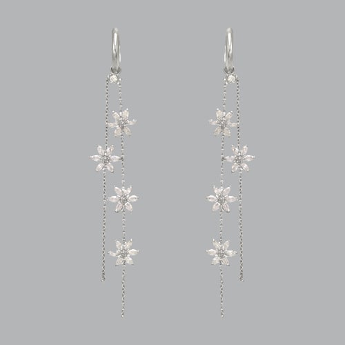 14K WHITE GOLD LADIES DROP DANGLE FLOWER CZ SET EARRING: NEW 14K WHITE GOLD EARRINGS New 14K White Gold Earrings Measures: 75mm long and 12mm wide Set with CZ Earrings have a polish finish Post backings Stamp: 14k Avg Weight: 3.6g