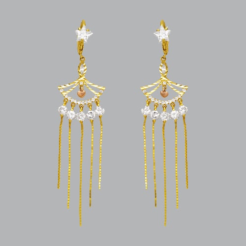14K YELLOW GOLD LADIES DROP DANGLE CHANDELIER CZ SET: NEW 14K YELLOW GOLD EARRINGS New 14K Yellow Gold Earrings Measures: 70mm Long x 15mm Wide Set with CZ Earrings have a polish finish Post backings Stamp: 14k Avg Weight: 5.7g
