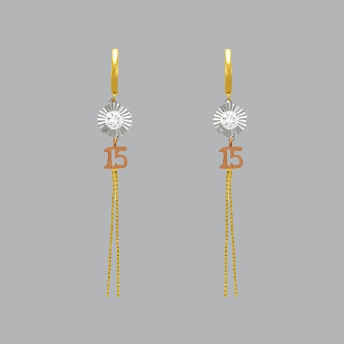 14K TRI COLOR GOLD 15 ANOS DROP DANGLE QUINCEANERA CZ: NEW 14K TRI COLOR GOLD EARRINGS New 14K Tri color Gold Earrings Measures: 60mm Long Set with CZ Earrings have a polish finish Post backings Stamp: 14k Avg Weight: 2.5g