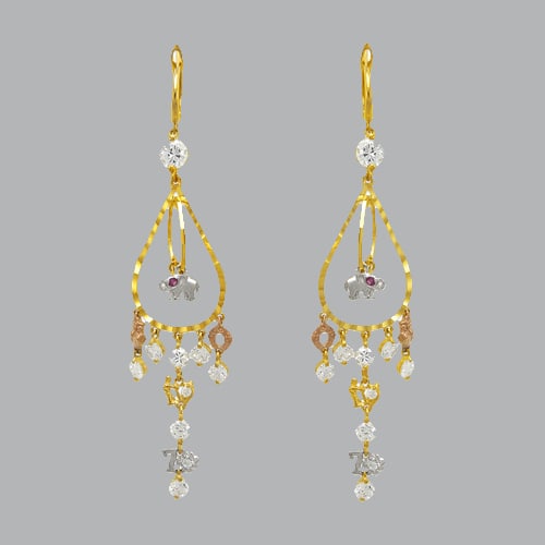 14K TRI COLOR GOLD DROP DANGLE ELEPHANT GOOD LUCK CZ: NEW 14K TRI COLOR GOLD EARRINGS New 14K Tri color Gold Earrings Measures: 80mm Long Set with CZ Earrings have a polish finish Post backings Stamp: 14k Avg Weight: 7g