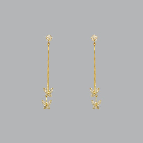 14K YELLOW GOLD LADIES DROP DANGLE DOUBLE BUTTERFLY CZ: NEW 14K YELLOW GOLD EARRINGS New 14K Yellow Gold Earrings Measures: 42mm Long x 8mm Wide Set with CZ Earrings have a polish finish Post backings Stamp: 14k Avg Weight: 2.7g