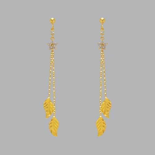 14K YELLOW GOLD LADIES DROP DANGLE LEAF CZ SET EARRINGS (1 of 1)