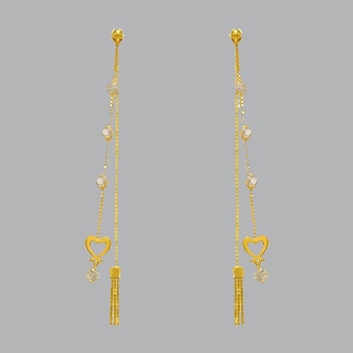 14K YELLOW GOLD LADIES DROP DANGLE HEART TASSEL CZ SET: NEW 14K YELLOW GOLD EARRINGS New 14K Yellow Gold Earrings Measures: 78mm Long x 7mm Wide Set with CZ Earrings have a polish finish Post backings Stamp: 14k Avg Weight: 2.8g