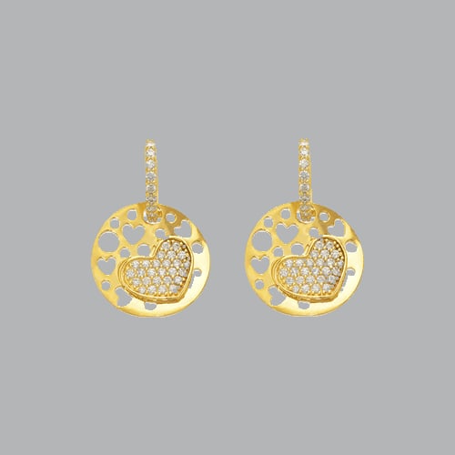 14K YELLOW GOLD DROP DANGLE ROUND HEART CZ SET EARRINGS: NEW 14K YELLOW GOLD EARRINGS New 14K Yellow Gold Earrings Measures: 25mm Long x 17mm Wide Set with CZ Earrings have a polish finish Post backings Stamp: 14k Avg Weight: 4g